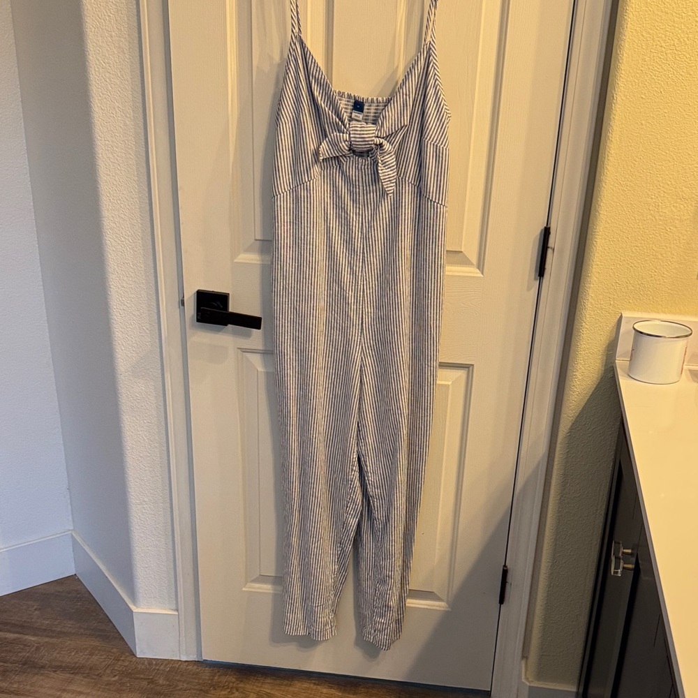 Old Navy Navy & White Striped  Linen Tie-Front Cropped Jumpsuit